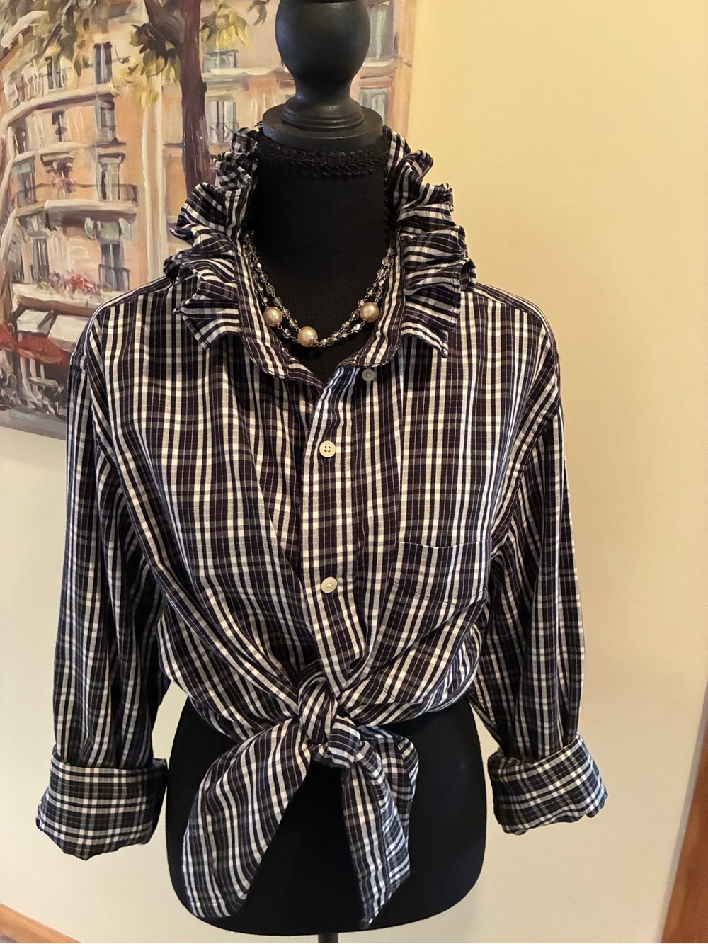 Chaps Black and White Plaid Ruffle Collar Button-Down Shirt